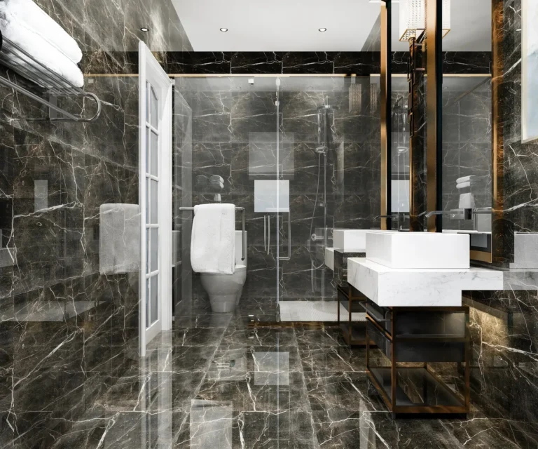 Koyu mermer kaplamalı modern lüks banyo