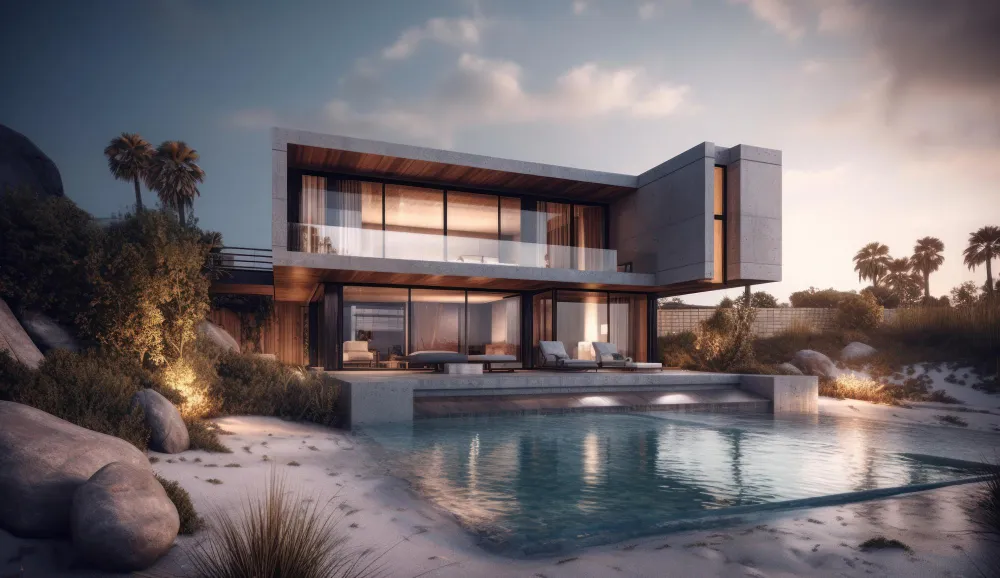 Havuzlu modern villa akşam görünümü